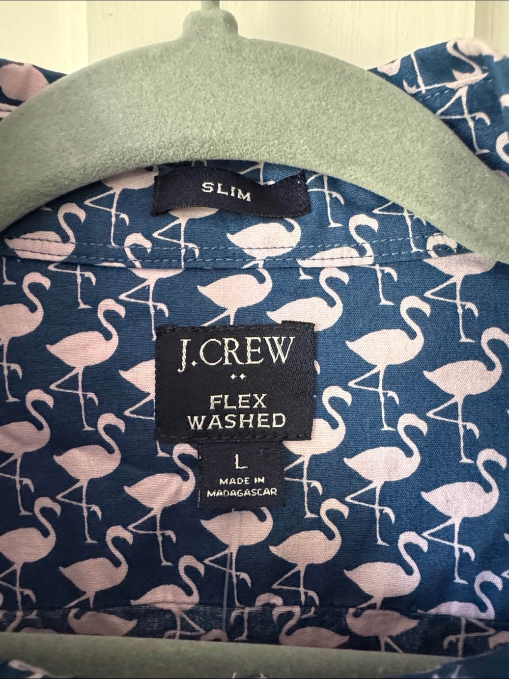 J. Crew Navy Short-Sleeve Button-Up Shirt with Pink Flamingo Print